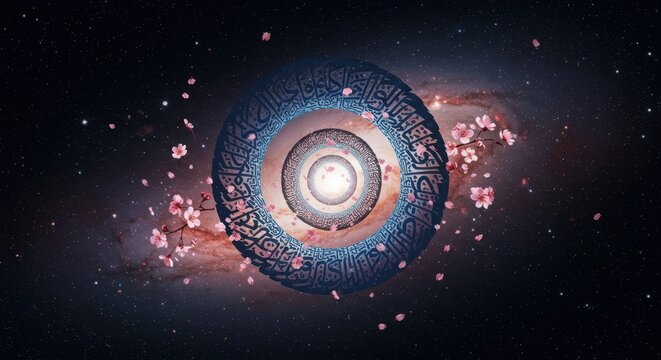 Concentric spiritual rings adorned with intricate script float amidst cosmic stardust and falling blossoms
