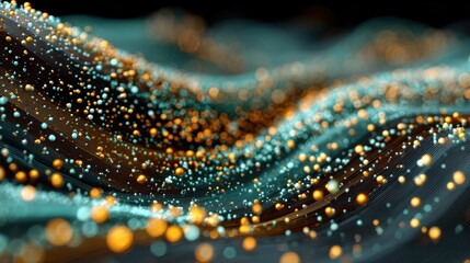 Abstract Digital Waves With Glowing Orange And Teal Particles In A Dark Background
