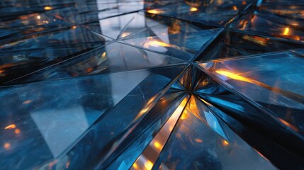 Abstract Geometric Pattern With Blue Glass And Orange Light Reflections