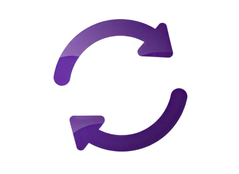 Two Interlocking Purple Arrows Forming a Circular Refresh Icon with Glossy Finish on a Transparent Background Indicating Continuity and Rotation