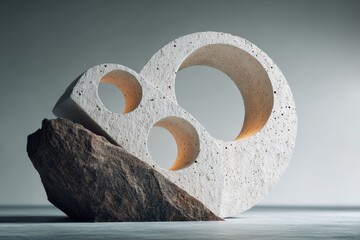 Abstract Sculpture With Circular Openings And Rough Stone Base On A Neutral Surface