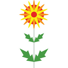 Stylized Sun With Red Center Yellow Orange Rays And Two Green Leaf Shapes Below On Transparent Background