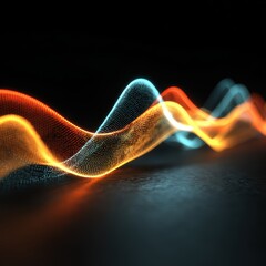 Abstract Digital Waves Of Orange And Blue Light Particles Flowing Across Dark Reflective Surface Macro Shot