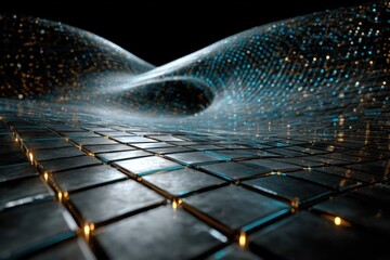 Abstract Digital Landscape With Illuminated Grid Pattern And Flowing Wave Form In Deep Blue And Orange Tones