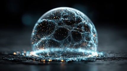 Glowing Energy Sphere With Particles And Network Structure On Dark Background With Bokeh Lights