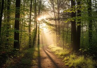 Obraz premium Sunlight filtering through the trees in a dense forest, creating a serene atmosphere.