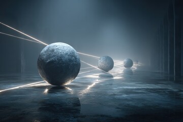 Futuristic Hallway with Glowing Spheres and Light Trails Dramatic Moody Atmosphere