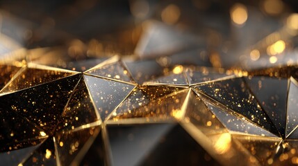 Abstract Black and Gold Geometric Polygonal Structure with Sparkling Light Particles