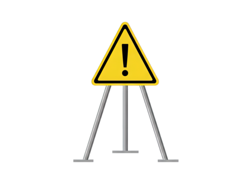 Yellow warning sign with exclamation mark on a tripod stand isolated on a transparent background, representing alert or caution