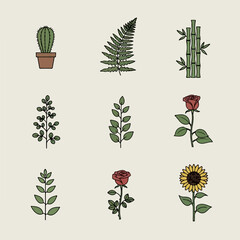A collection of nine diverse botanical illustrations featuring various plants and flowers in a clean, minimalist style