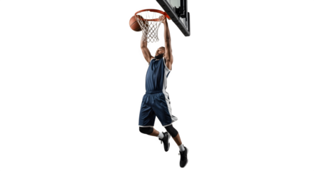 Basketball player performing a powerful slam dunk in midair.