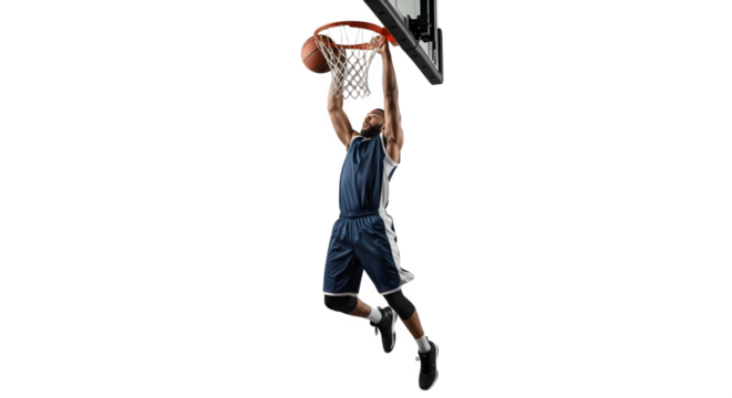 Basketball player performing a powerful slam dunk in midair.