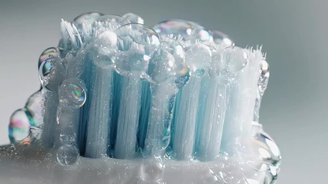 Close up of toothbrush bristles with toothpaste and bubbles.