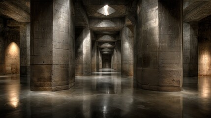 Grand Underground Reservoir With Stone Pillars And Reflective Floor Lit By Warm Spotlights