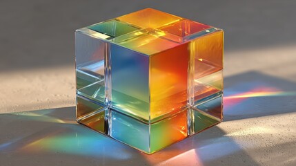 Prismatic Glass Cube With Rainbow Light Refractions On Textured Surface