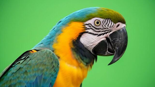 Close-up of a colorful blue and gold macaw parrot with a black beak, looking to the side against a vibrant green background.