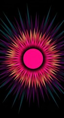 Naklejka premium Symmetrical neon starburst radiates intense color from a central bright point against a dark background