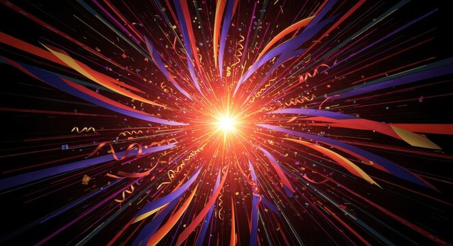 Brilliant multicolored light burst radiates outward with streamers and confetti against a dark backdrop