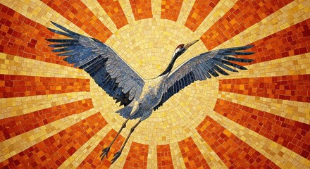 Obraz premium Avian creature in flight rendered as a mosaic illustration against radiating sunbeams