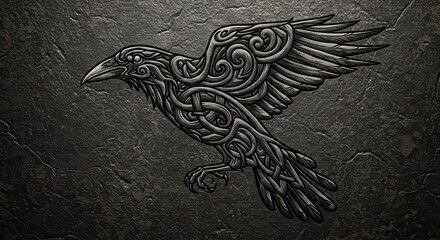 Obraz premium Intricate knotwork design depicting a bird in flight overlaid on a dark, textured stone background