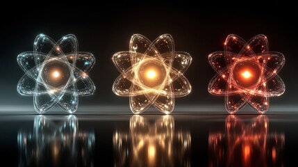 Three Glowing Atom Models with Reflections Representing Energy and Scientific Concepts