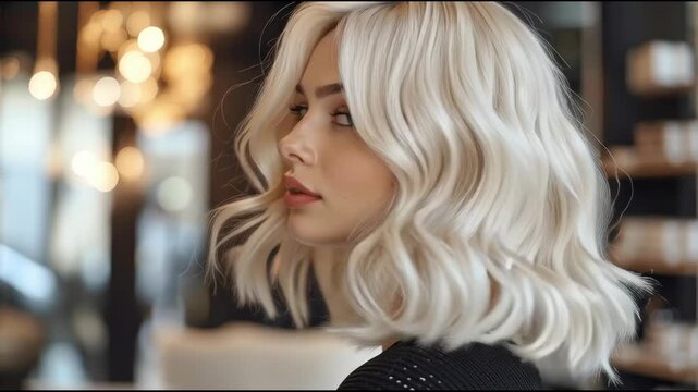 Stunning hairstyle transformation showcasing natural waves in a stylish salon setting