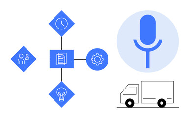 Diagram with icons for teamwork, time management, document sharing, innovation, communication, and delivery. Ideal for business, productivity, logistics creativity automation teamwork and modern