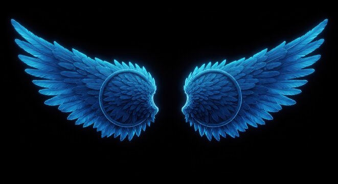 Pair of illuminated blue feather structures displayed against a dark background