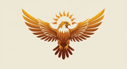 Obraz premium Stylized golden eagle graphic with rising sun emblem centered above the bird