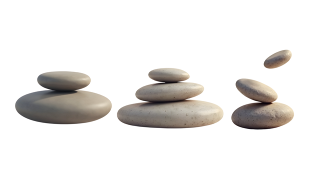 Stacked pebbles arranged on a transparent background for a calm and balanced look