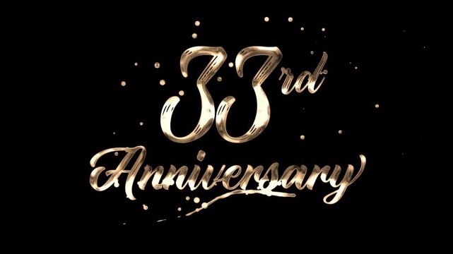 33rd anniversary text animation in golden metallic effect. suitable for celebrating special occasions, invitations, anniversary cards and social media. Includes alpha channel for any background.