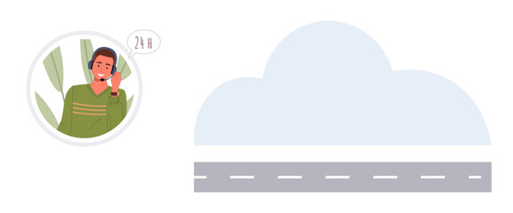 Male support agent with a speech bubble headset beside cloud and road. Ideal for customer service, cloud computing, connectivity, travel, communication, support, technology themes. Simple flat