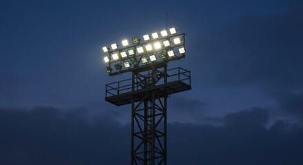 Powerful illumination towers project bright light against the dark evening sky