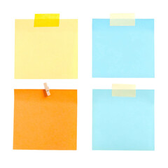 Four sticky notes in yellow, orange, and blue attached to a surface