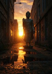 Fototapeta premium Serene Buddha Statue at Sunset in Urban Decay