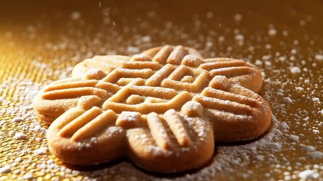 Macro shot of a detailed shortbread cookie in a flower shape with powdered sugar dusting on a textured golden background with bright light