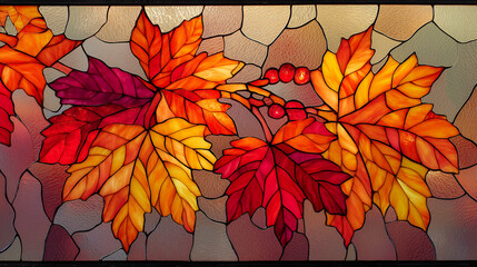 Stained glass autumn leaves, red berries