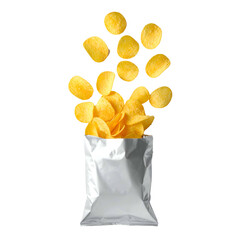 Crisps exploding from a silver bag onto black background