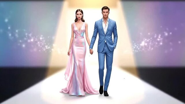 Stylish Couple on Runway in Blue and Pink Apparel Against Soft Glowing Background Two-Dimensional Fashion Illustration Spotlight