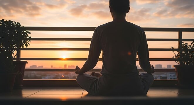 Silhouette of a person meditating on a balcony during sunrise with plants and city view in background