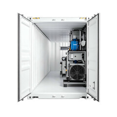 Open shipping container interior housing industrial machinery