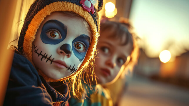Creative child with spooky skull face paint in Halloween costume at sunset. Artistic portrait for holiday makeup, autumn celebration and costume party theme.