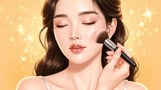 Woman Applying Blush with Brush on Rosy Cheeks and Warm Golden Sparkling Background in 2D Animation Style with Closed Eyes and