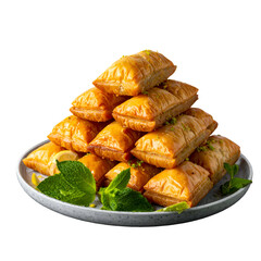 Stacked golden pastry treats glazed with syrup, topped with nuts