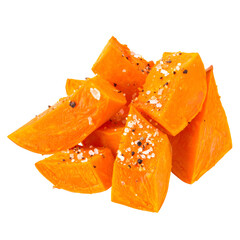 Bright orange chopped root vegetable seasoned with salt and pepper