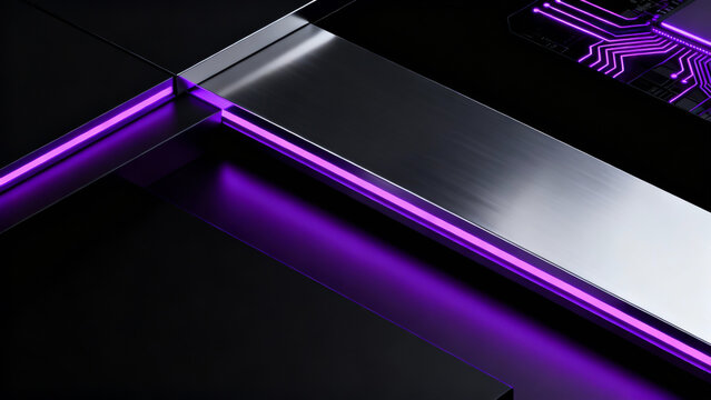 Futuristic abstract tech scene with glowing purple neon circuits on sleek metallic surfaces, evoking cyberpunk innovation and high-tech connectivity