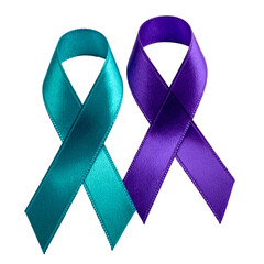 Teal and purple ribbons intertwined against a black background