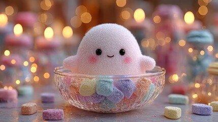 Adorable Kawaii Character in a Bowl of Colorful Candy with Bokeh Background