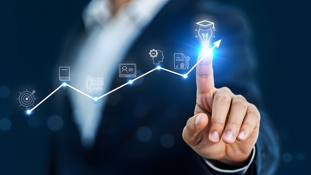 AI powered personalized E-Learning concept. Digital transformation of education through personalized E-Learning by AI and machine learning. Online education, skill development and graduation.