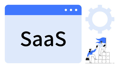 SaaS displayed in web browser interface with character stacking block pieces near large gear. Ideal for cloud technology, SaaS tools, efficiency, teamwork, innovation, strategy, simple flat metaphor